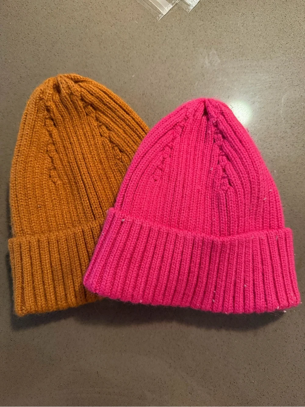 Kids Ribbed Knit Beanie Set - Pink & Orange